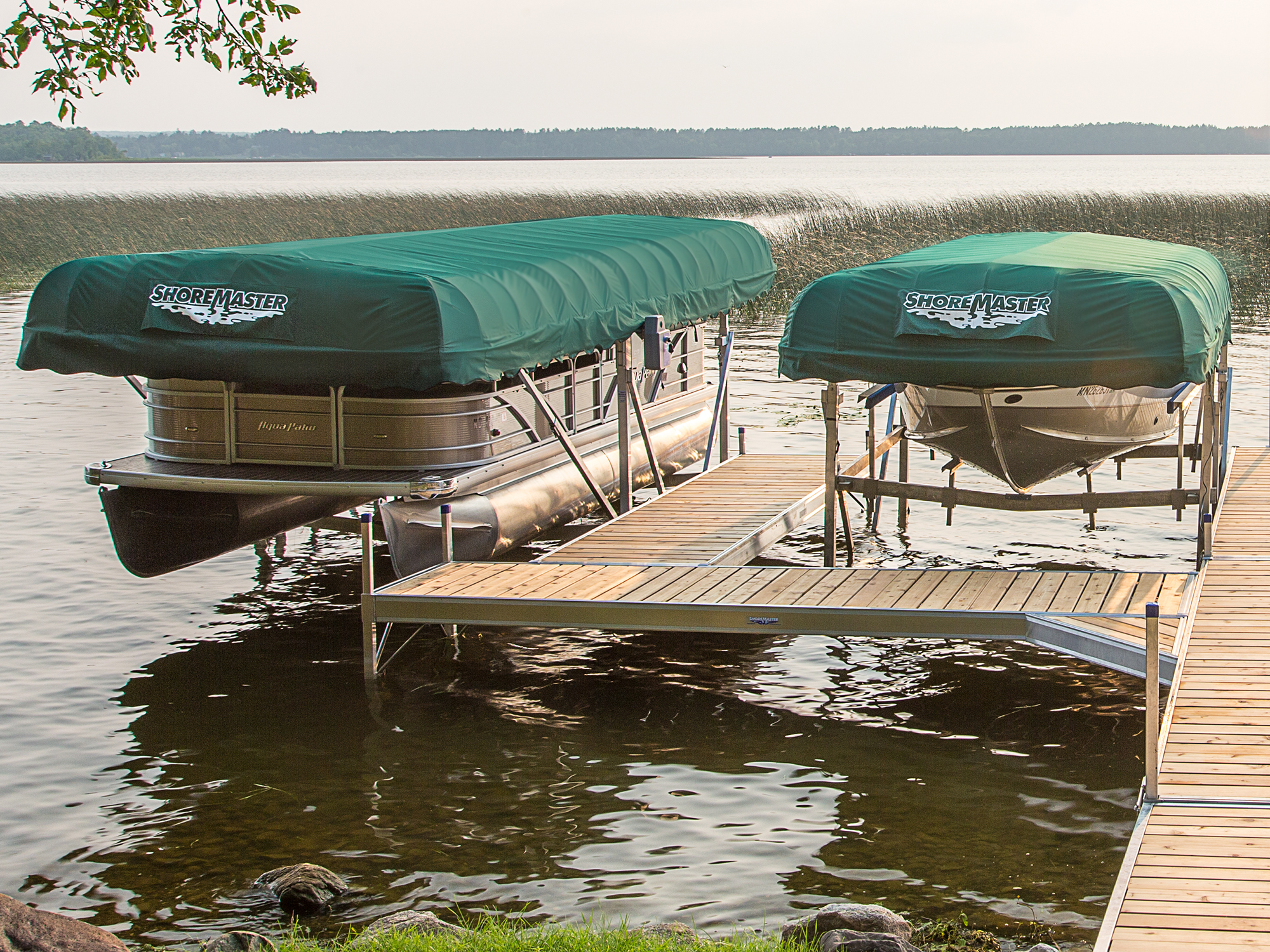 Traditional Canopies Forest Green Covers Vertical Lifts Infinity RS7 Dock with Cedar Decking