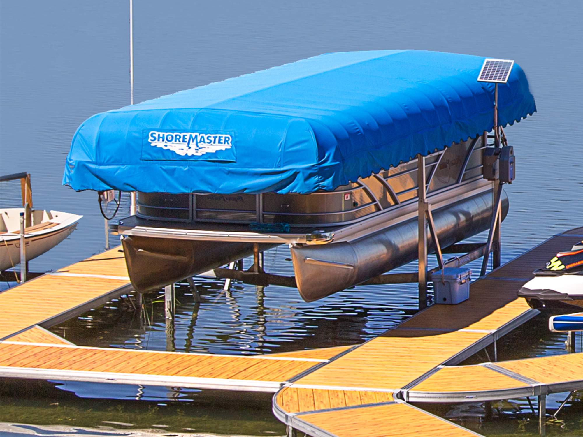 Pacific Blue WeatherMax Canopy Cover Traditional Frame on a Vertical Lift with Woodgrain Decking