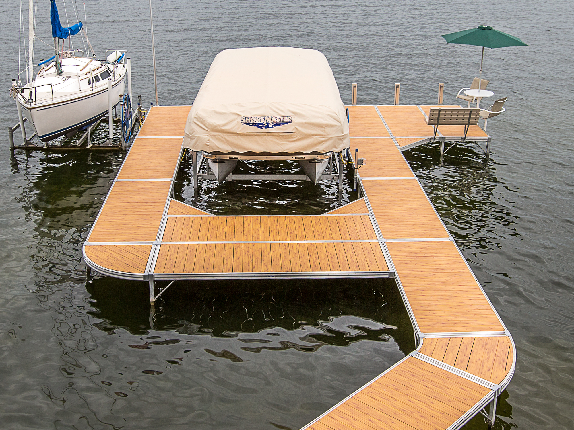 ShoreMaster Curve Dock with Woodgrain Decking, Furniture, Bench, Pontoon Lift, White Canopy