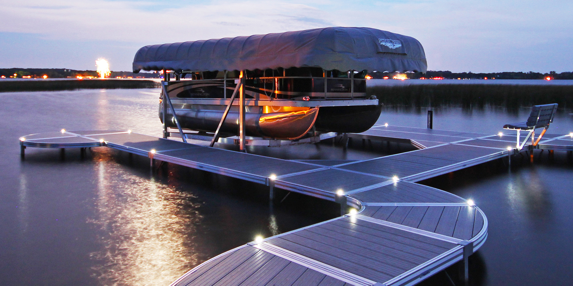 ShoreMaster Infinity RS4 Dock with Curve Dock with Gray Woodgrain and Dock Lights and Vertical Lift with Pontoon