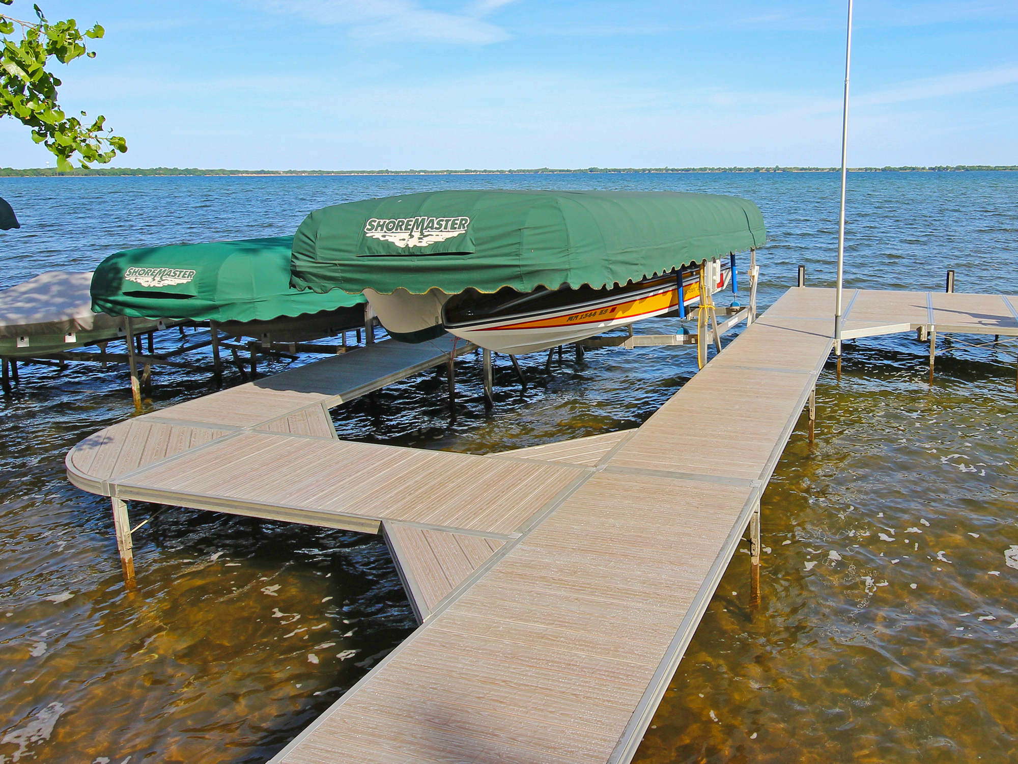 ShoreMaster Infinity RS4 Dock with Gray Oak Woodgrain with Green Canopy Cover