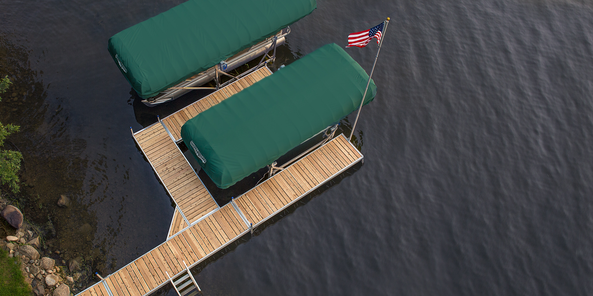 ShoreMaster Infinity RS7 Dock with Cedar Decking, Vertical Lift with Green Canopies