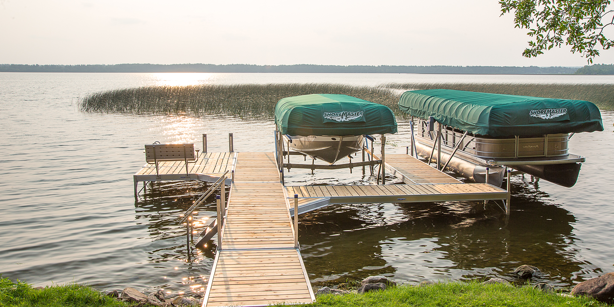 ShoreMaster Vertical Lifts with Infinity RS7 Dock with Cedar Decking, Green Canopies, Stairs, Bench