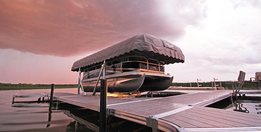 pontoon lift with rain clouds in background